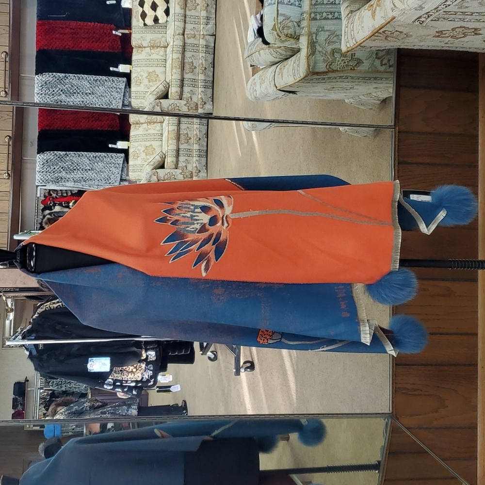 Diana Rosh Orange and Blue Wrap with Fox Fur Poms